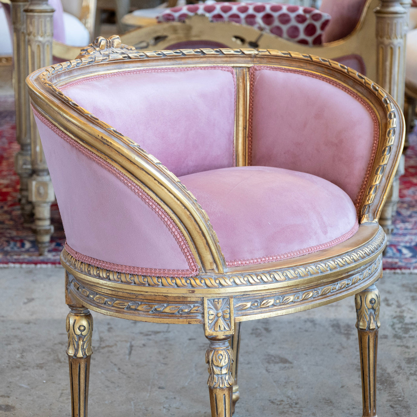 Pair of Louis XVI Petite Gilded Bergère Chairs – Velvet Deep Rose Upholstery - Accent Chairs | Le Chateau (Atlanta, GA) • 4