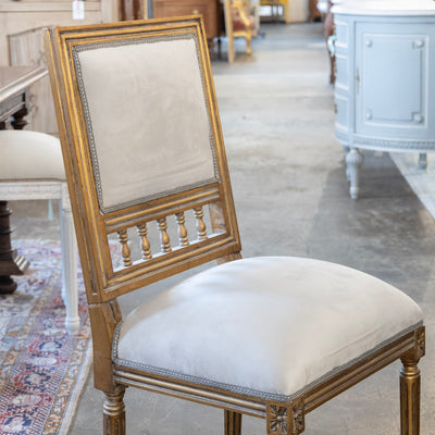 Louis XVI Square Open Back Gilded Dining Chair – Soft Grey Velvet Upholstery