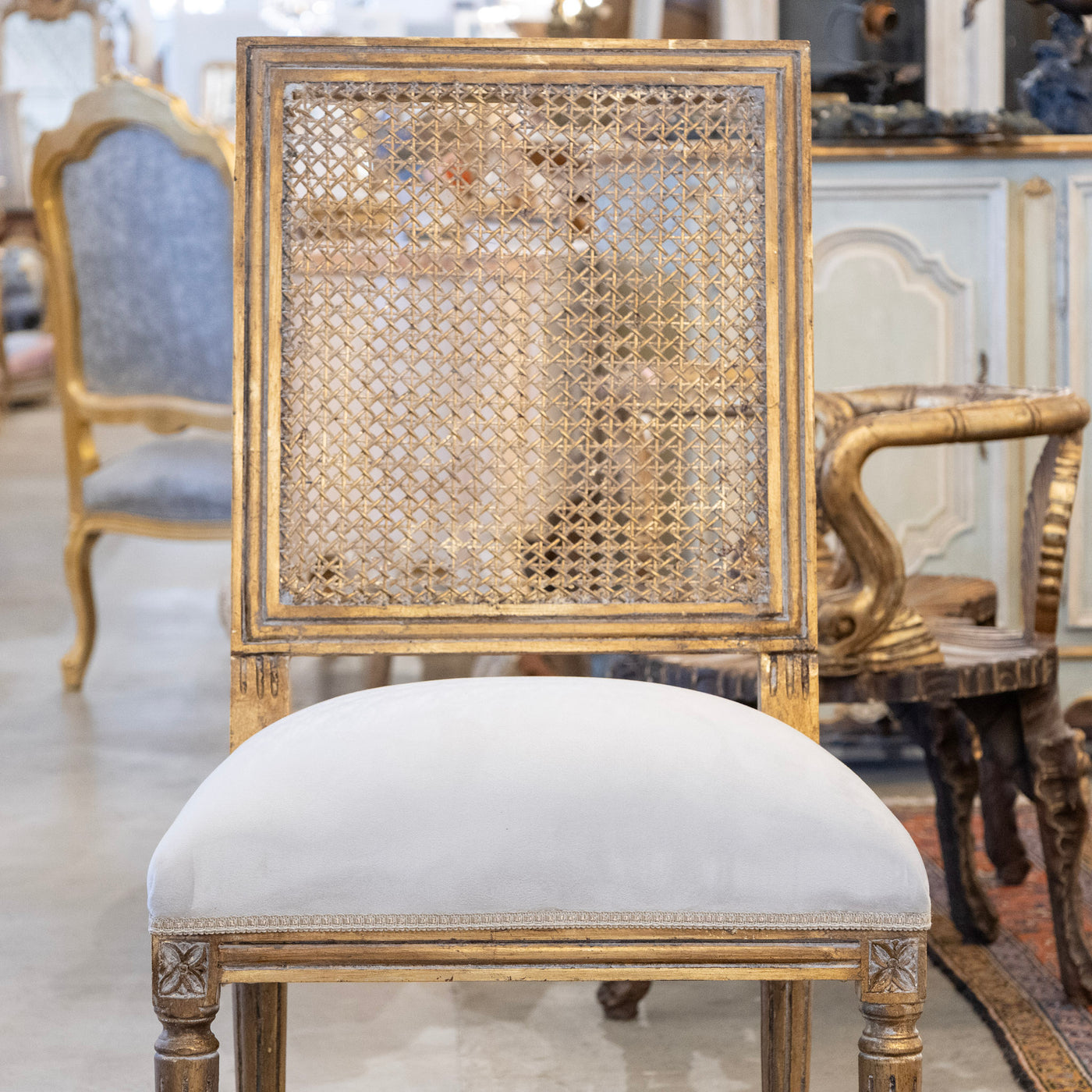 Louis XVI Gilded Square Cane Open Back Dining Chair