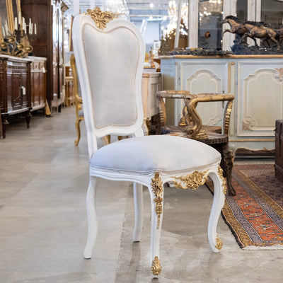 Grand Louis XV Style White & Gold Round Dining Chair – Grey Velvet Upholstery