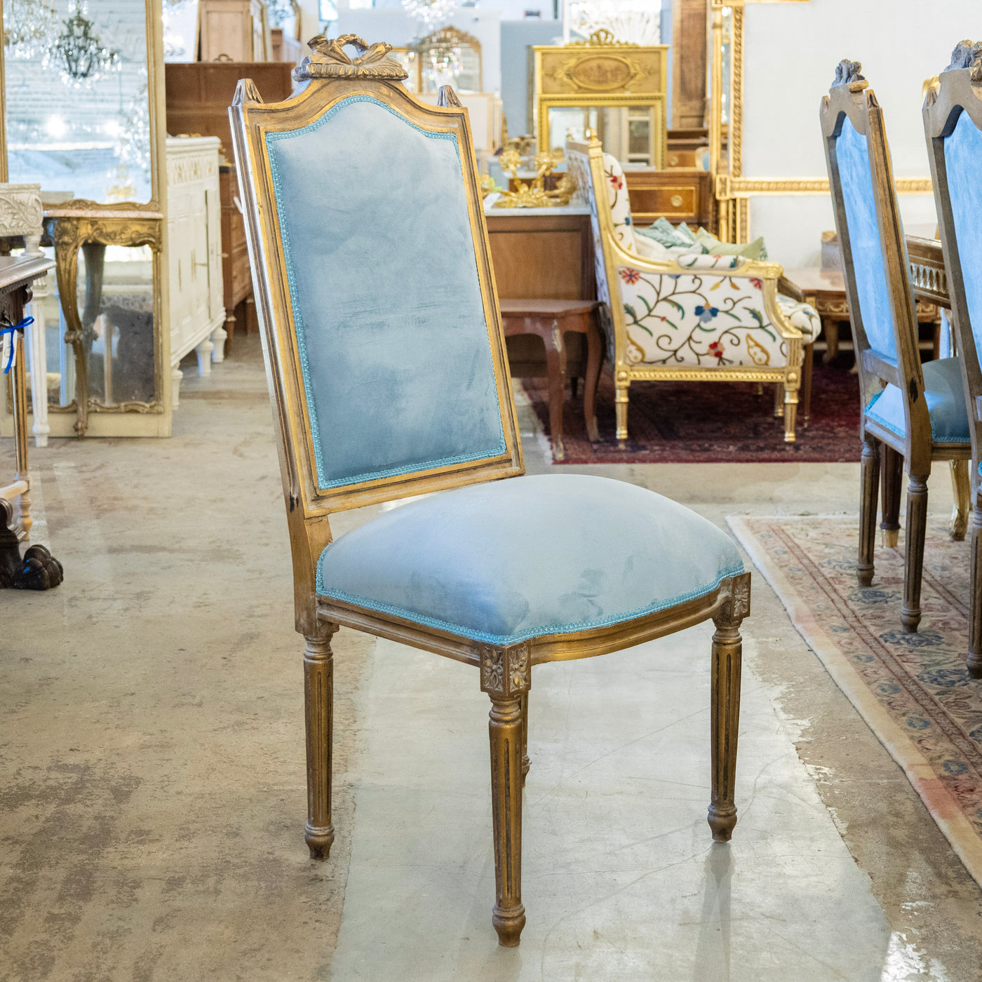 Louis XVI Gilded Square Dining Chair –  Carved Crest & Blue Velvet Upholstery
