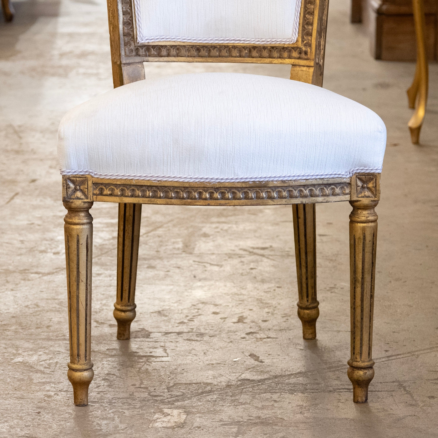 Louis XVI Tall Back Gilded Dining Chair – White Linen Upholstery