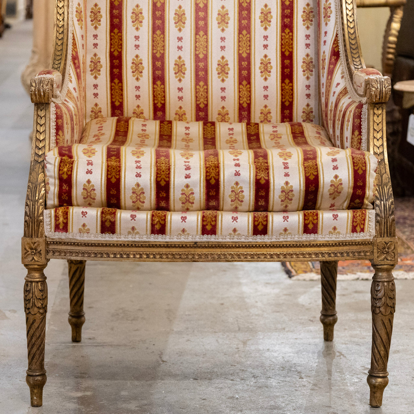 Pair of Louis XVI Gilded Armchairs – Striped Damask Upholstery