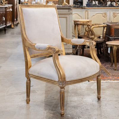 Pair of Louis XVI Gilded Captain Chairs – Cream Velvet Upholstery