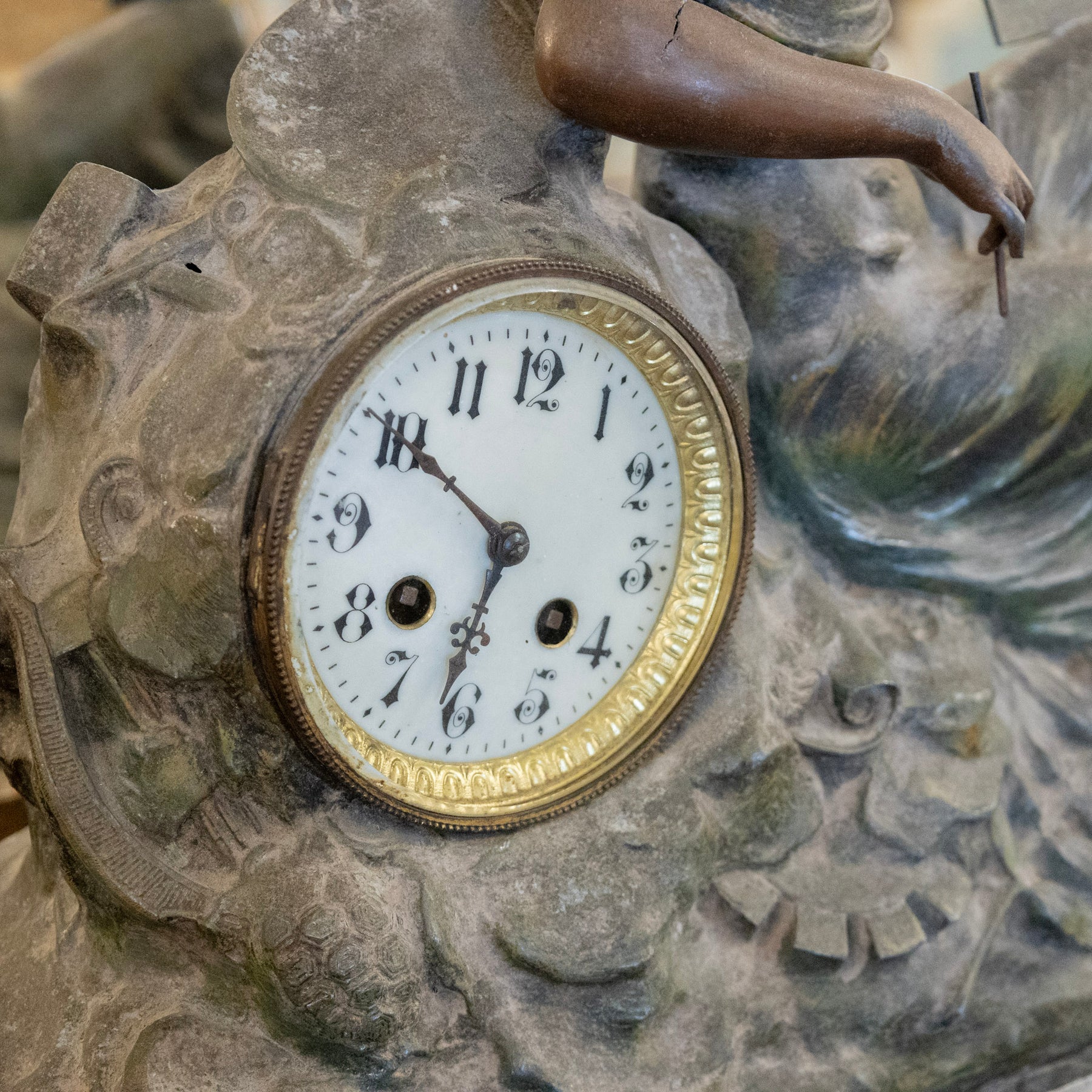 French Bronze Seated Female Figure Mantel Clock – Marble Base – Le Chateau