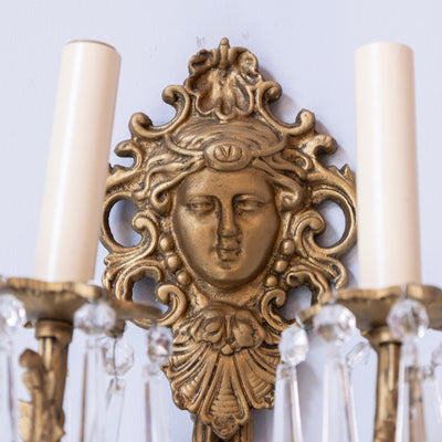 Pair of Medusa Rococo Brass Wall Sconces –  Swarovski Crystal Drops