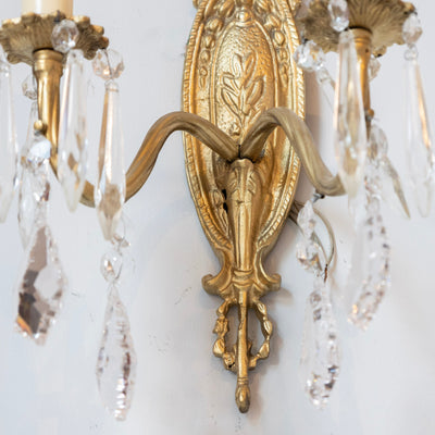 Pair of Louis XVI Gilded Brass Sconces – Carved Oval Backplate & Crystal Drops
