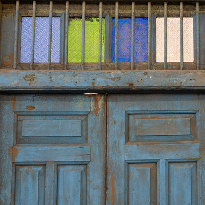 Blue Painted Double Doors – Distressed Finish with Stained Glass Transom - Door | Le Chateau (Atlanta, GA) • 3