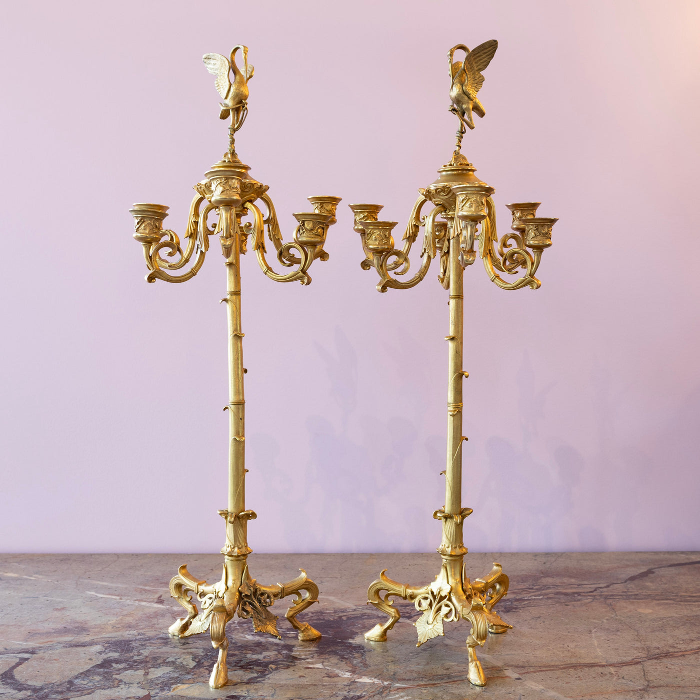 Pair of Gilt Bronze Candelabras – Swan Finials