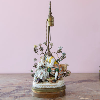 Pair of Porcelain Rococo Style Couple Lamps