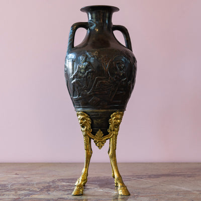 Pair of Neoclassical Black Vases – Gilt Head Carving Base - Vases | Le Chateau (Atlanta, GA) • 4
