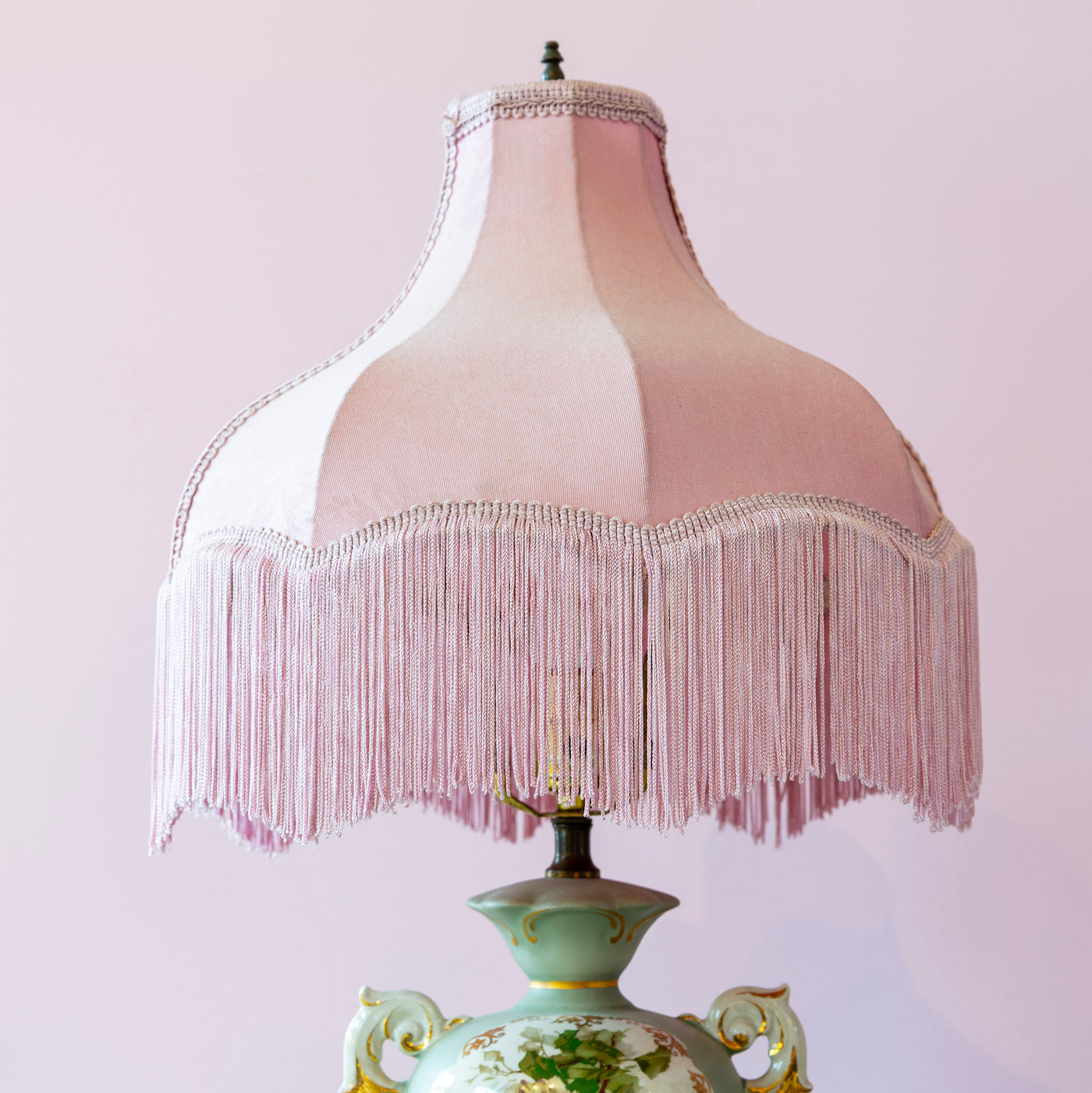 French Porcelain Lamp – Hand-Painted Roses & Pink Fringe Shade