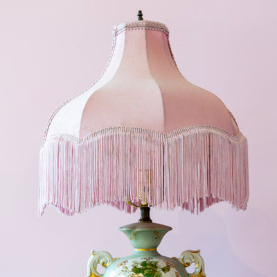 French Porcelain Lamp – Hand-Painted Roses & Pink Fringe Shade