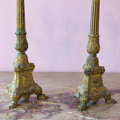 Pair of French Gilded Bronze Candelabras – Empire Style with Patina