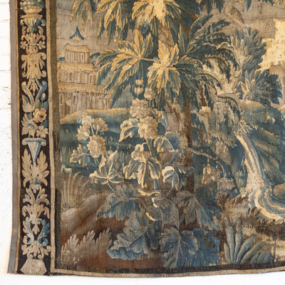 Antique French Flemish Tapestry – Handwoven Verdure Scene with Birds & Architecture