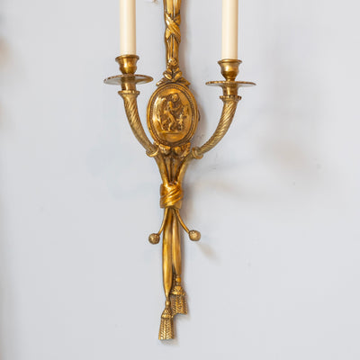 Pair of Louis XVI Gilded Wall Sconces – Ribbon Frame & Neoclassical Portrait