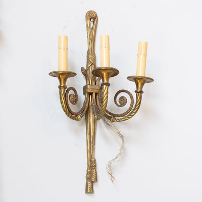 Pair of Louis XVI Brass Wall Sconces – Tassel Frame & Rope Twist Arms - Wired Sconces | Le Chateau (Atlanta, GA) • 1