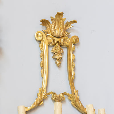 Pair Louis XVI Grand Gilded Wall Sconces – Bright Gold with Leaf Carvings - Wired Sconces | Le Chateau (Atlanta, GA) • 4