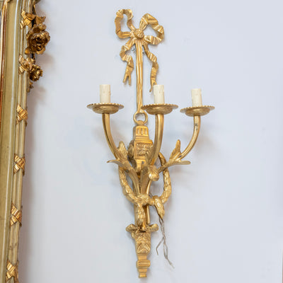 Pair of Louis XVI Grand Gilded Wall Sconces – Bright Gold with Bow Frame - Wired Sconces | Le Chateau (Atlanta, GA) • 2