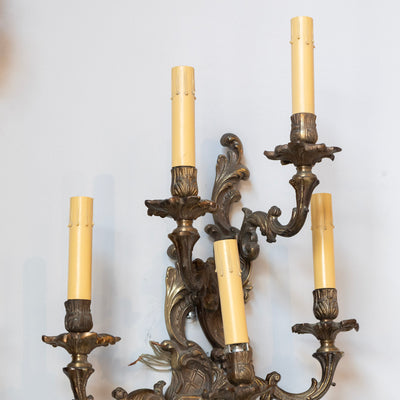 Pair of Louis XV Aged Brass Sconces – Rococo Scrollwork & Five Candle Arms - Wired Sconces | Le Chateau (Atlanta, GA) • 3