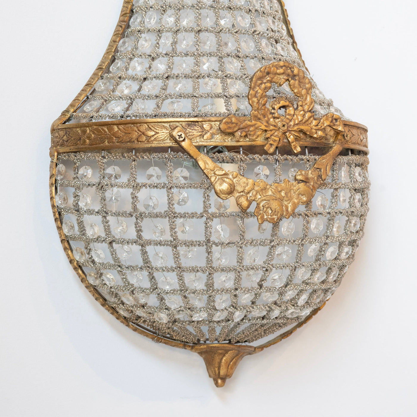 Pair of French Empire Crystal Basket Sconces – Gilded Bronze Trim