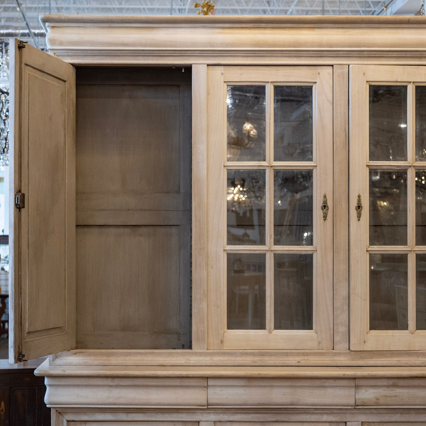 Louis Philippe Breakfront Cupboard – Light Wood Finish with Glass Panel Doors