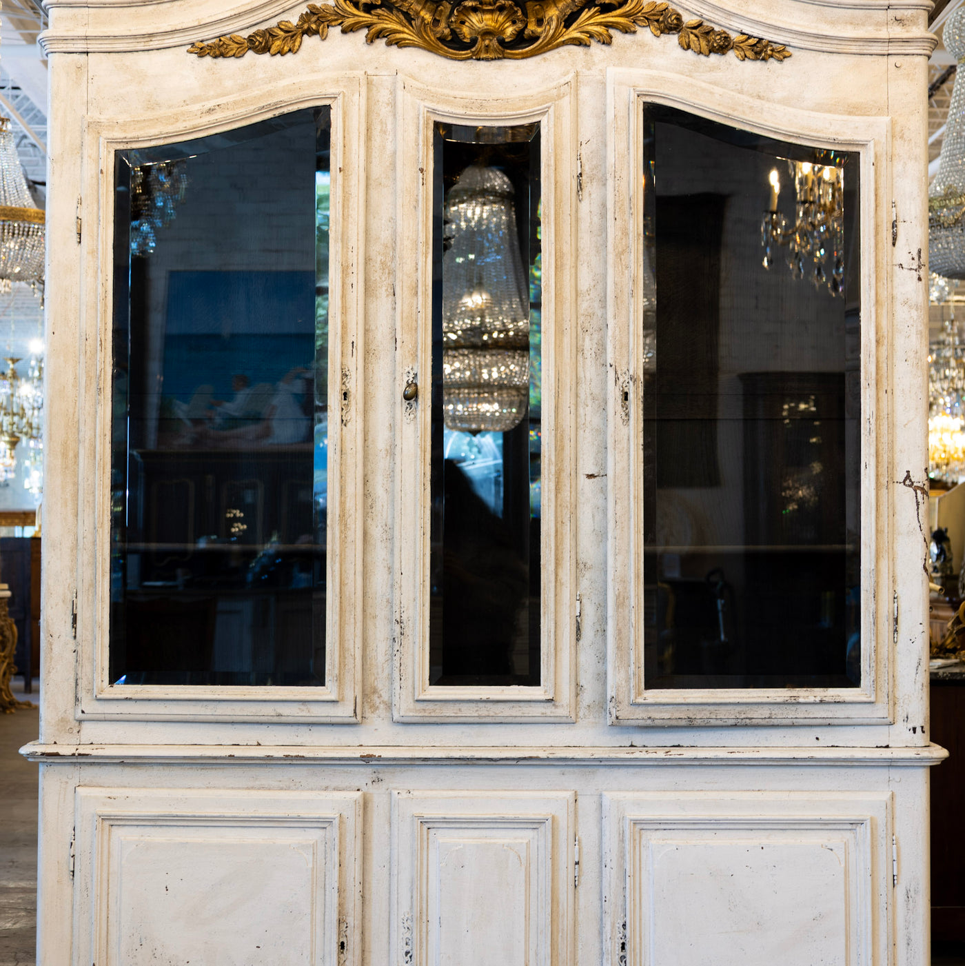 Louis XV Cupboard – Distressed White Finish & Clock Crest