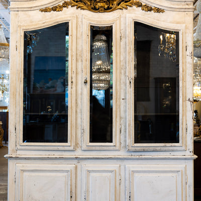Louis XV Cupboard – Distressed White Finish & Clock Crest