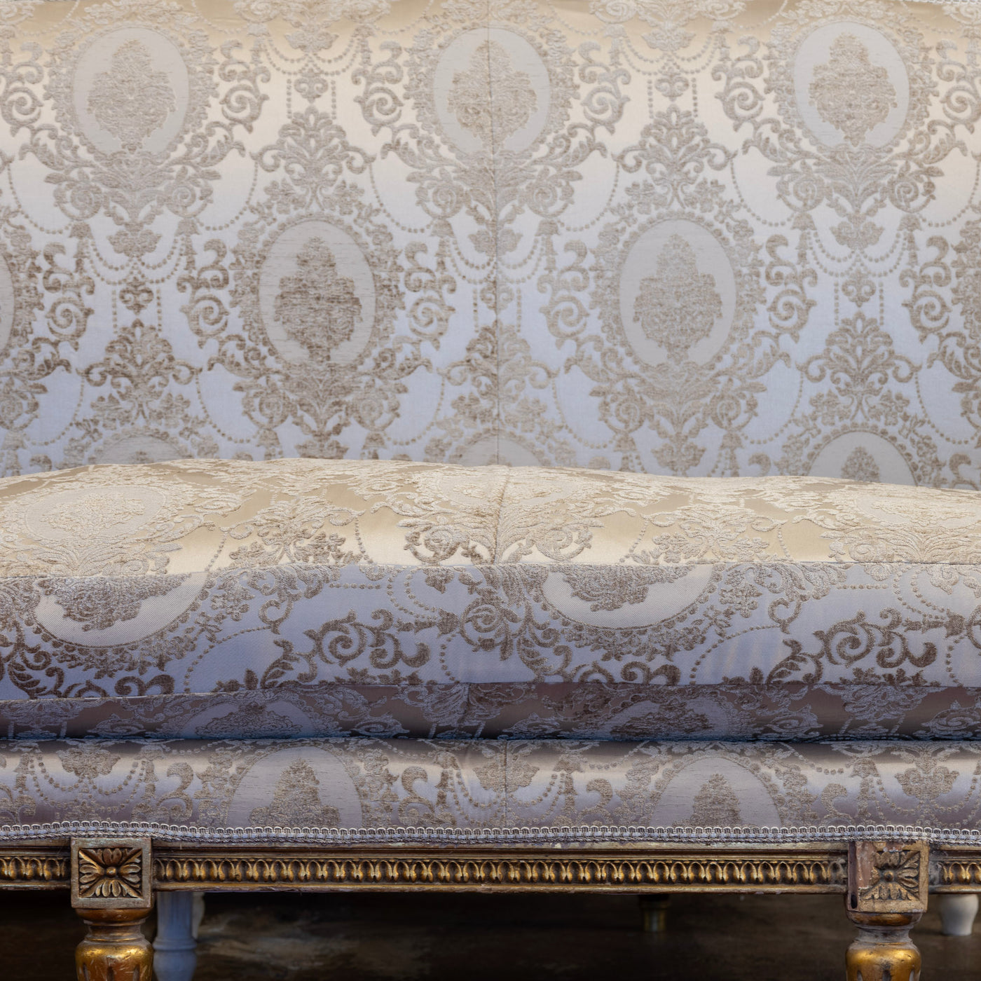 Louis XVI Sofa – Gilded with Damask Upholstery