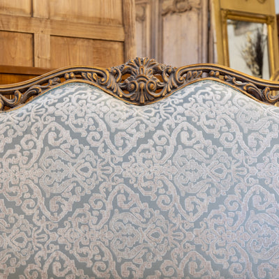 Louis XV Gilded Sofa – Detailed Carvings & Blue Damask Upholstery