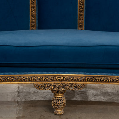 Louis XVI Gilded Sofa – Carved Detailing & Dark Blue Velvet Upholstery