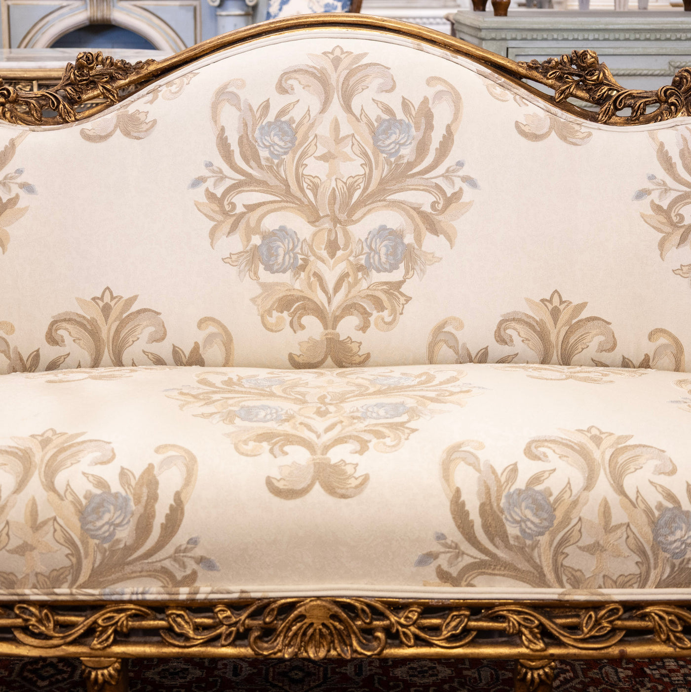 Louis XV Gilded Sofa – Carved Floral Frame & Cream Damask Upholstery