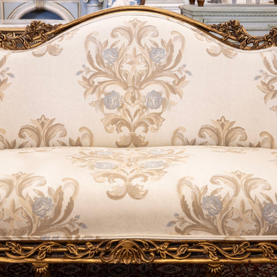 Louis XV Gilded Sofa – Carved Floral Frame & Cream Damask Upholstery