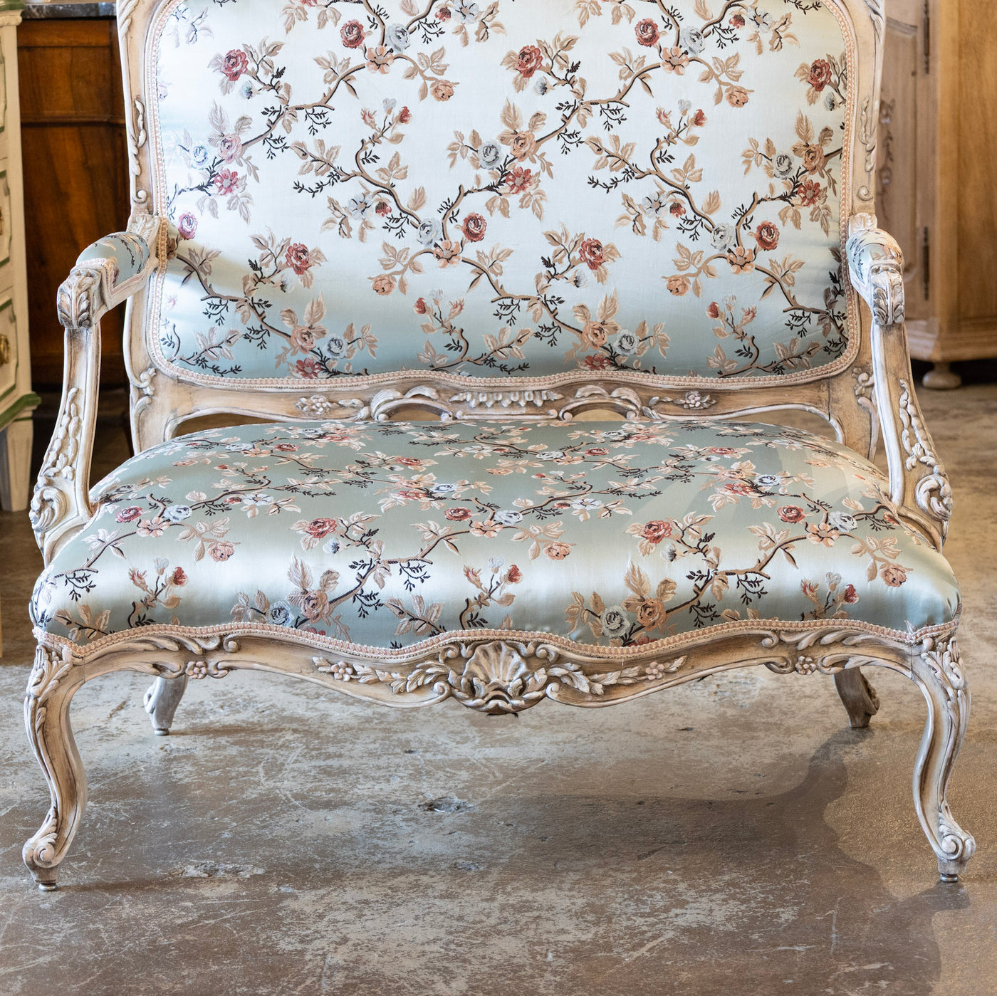 Louis XV Painted Settee – Floral Scalamandré Upholstery & Carved Trim