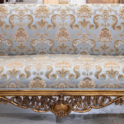 Italian Gilded Sofa – Carved Base & Blue Damask Upholstery