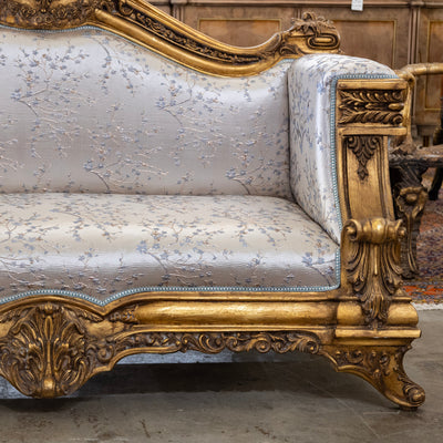 Italian Gilded Sofa – Carved Detailing & Pale Blue Silk-Weave Floral Upholstery