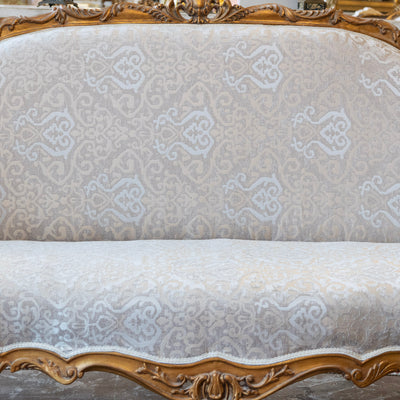Louis XV Gilded Sofa – Carved Frame & Cream Damask Upholstery