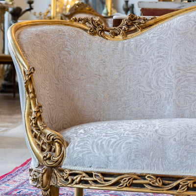 Louis XV Gilded Sofa – Carved Trim & Cream Velvet Textured Upholstery