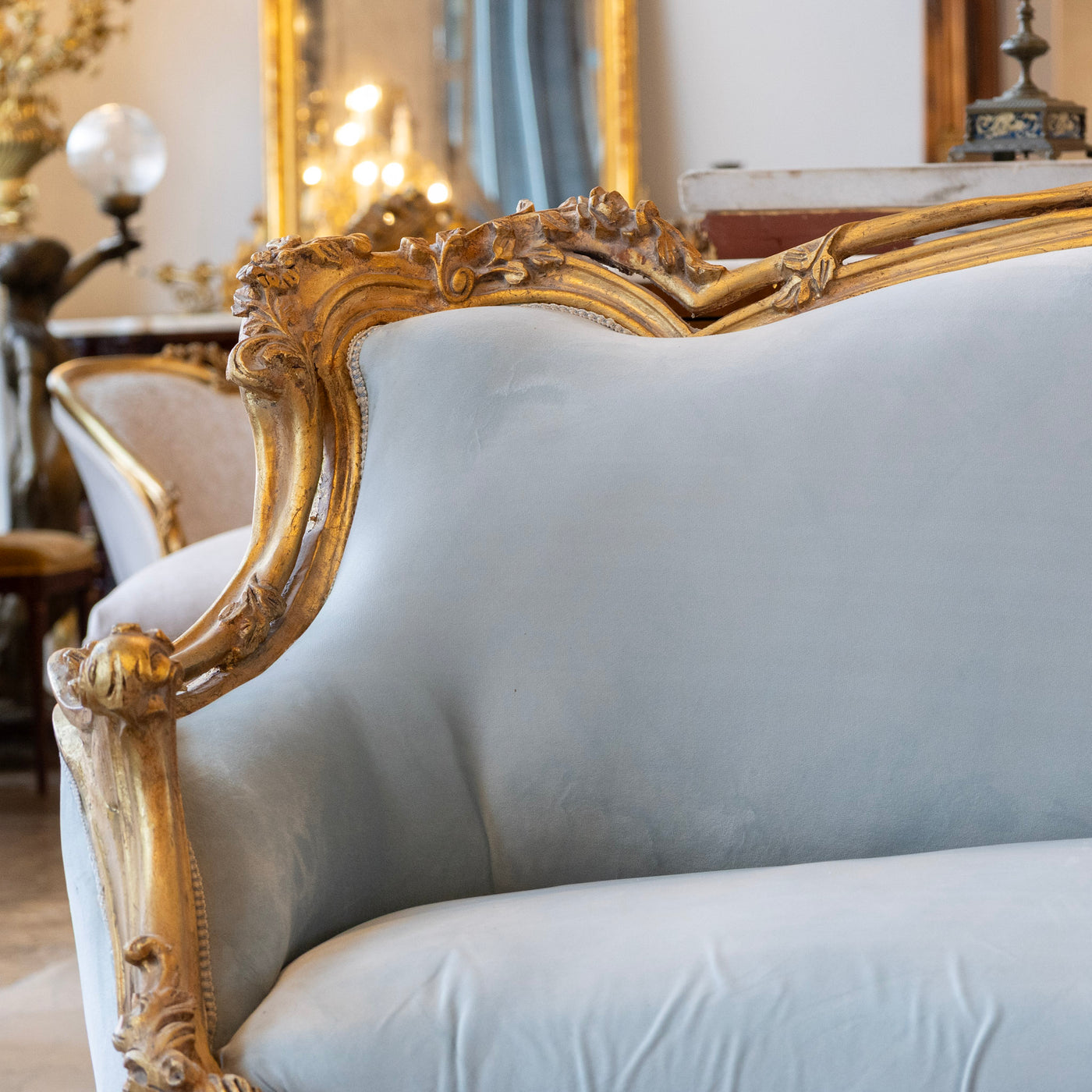 Louis Gilded XV Sofa – Baby Blue Velvet Upholstery