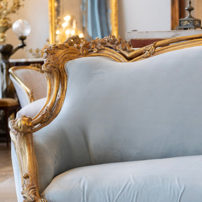 Louis Gilded XV Sofa – Baby Blue Velvet Upholstery