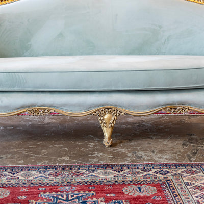 Louis XV Gilded Sofa – Carved with Tufted Pale Aqua Velvet Upholstery