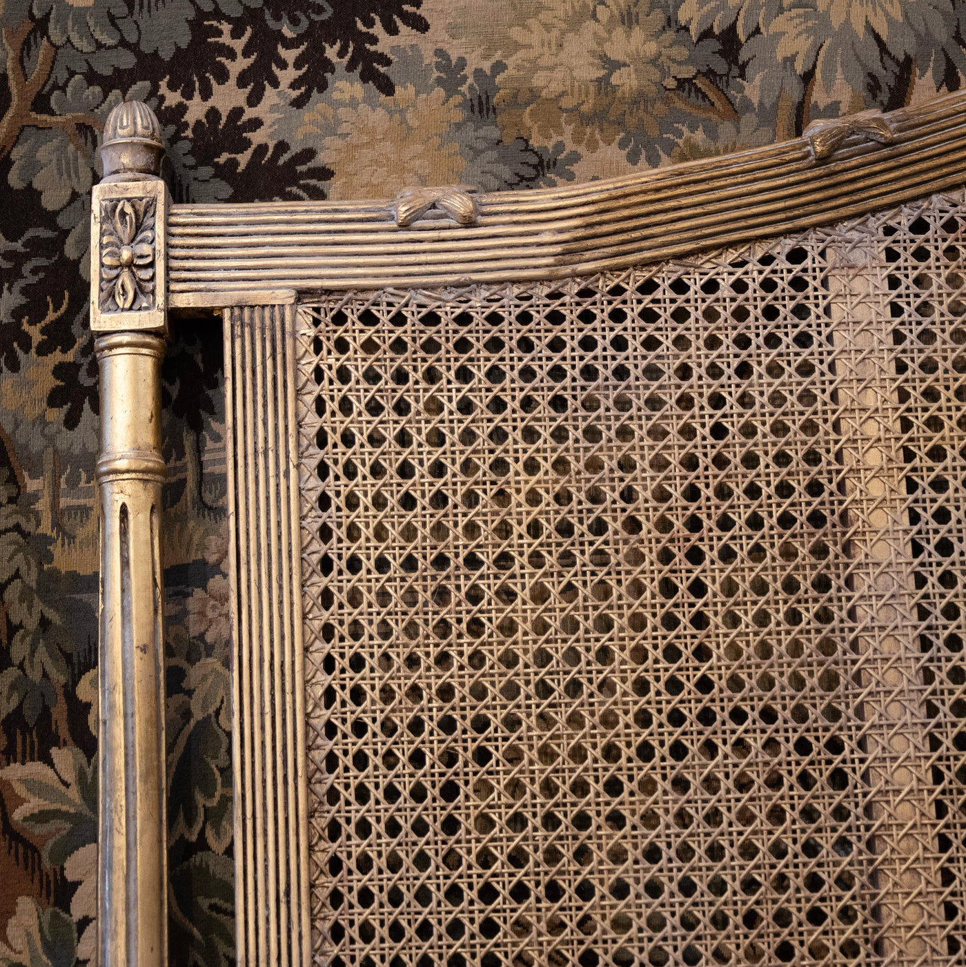 Louis XVI Gold Cane King Size Bed Set – Carved Crest & Fluted Posts