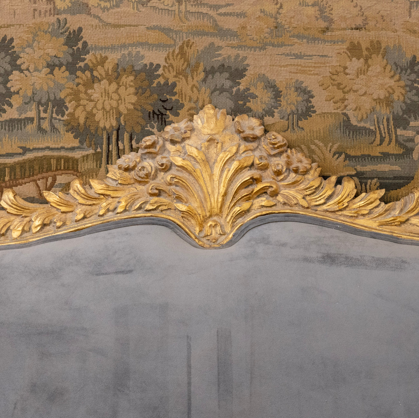Louis XV Gilded Carved Ornate King Size Headboard – Dark Blue-Grey Velvet