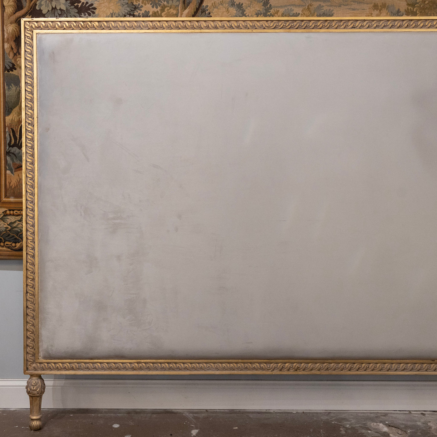 Louis XVI Gilded King Size Headboard – Rope Trim with Light Grey Velvet & Embroidered Back