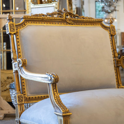 Louis XVI Gilded Loveseat Sofa – Two-Tone Carved Frame & Soft Grey Velvet Upholstery