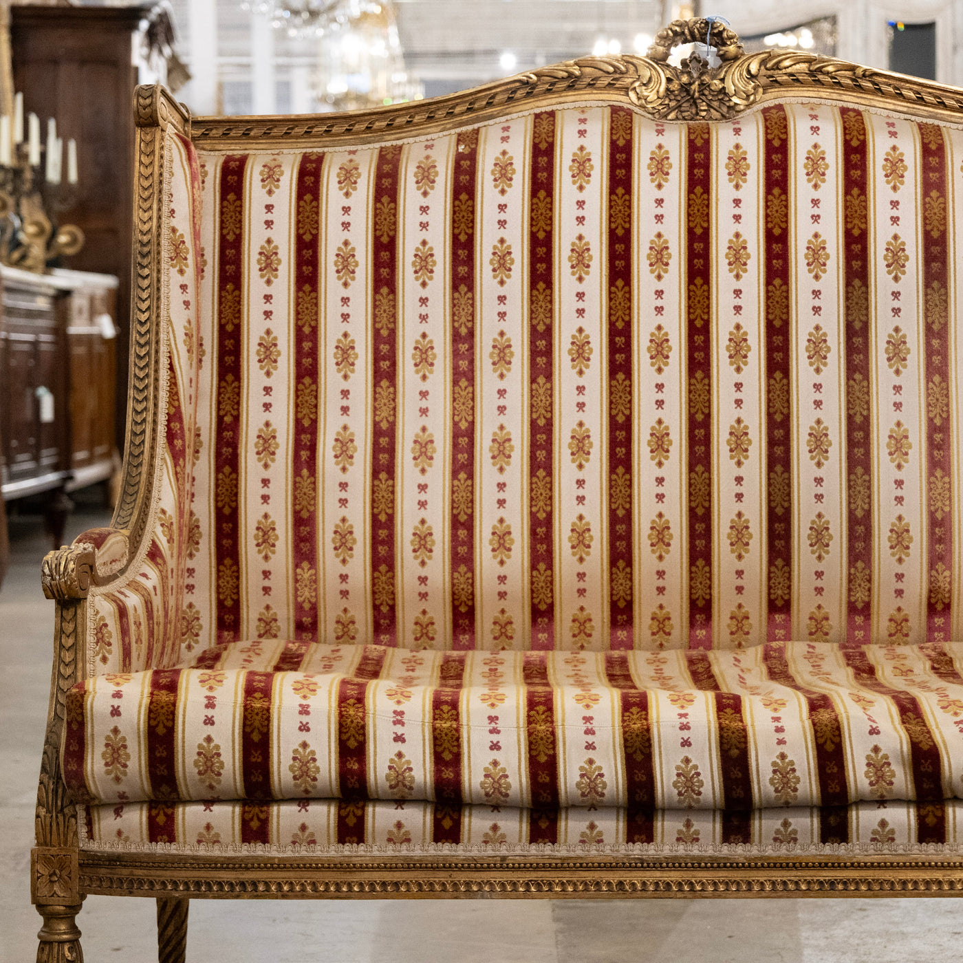 Louis XVI Carved Gilded Settee – Striped Damask Upholstery