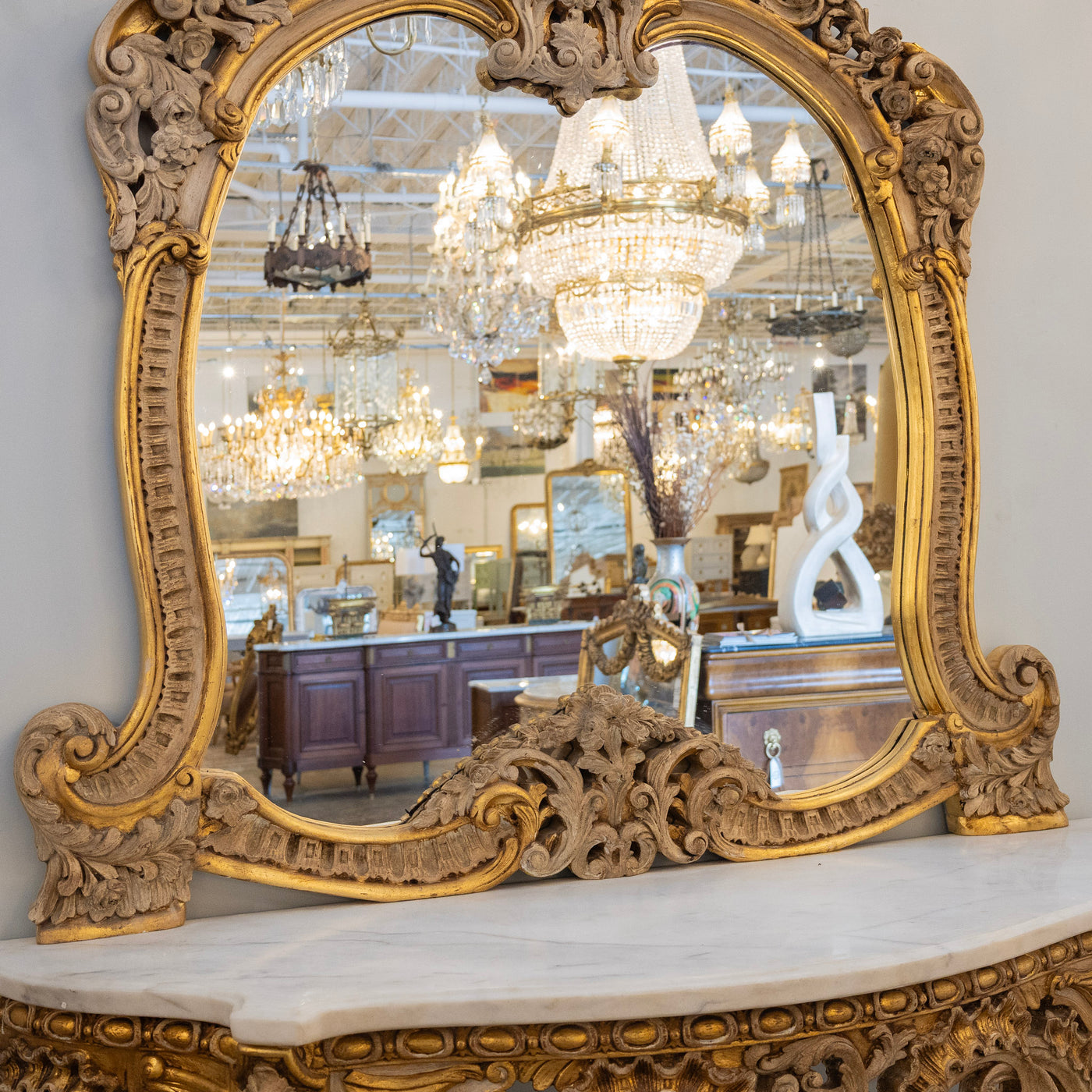 Gilded Rococo Mirror & Console – Ornate Hand-Carved Scrollwork & White Marble Top
