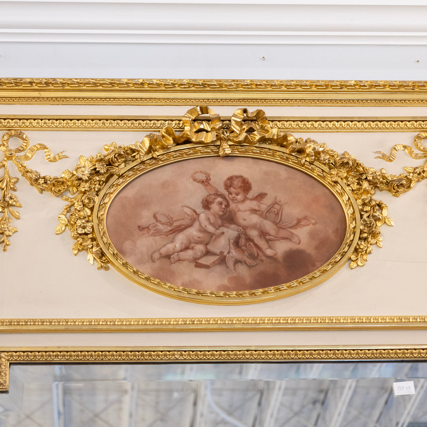 Louis XVI Gilded Trumeau Mirror – Cherub Painting & Bow Carvings