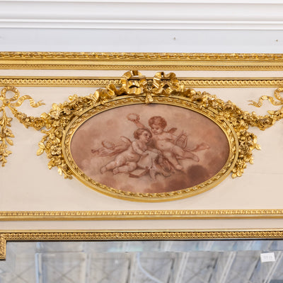 Louis XVI Gilded Trumeau Mirror – Cherub Painting & Bow Carvings