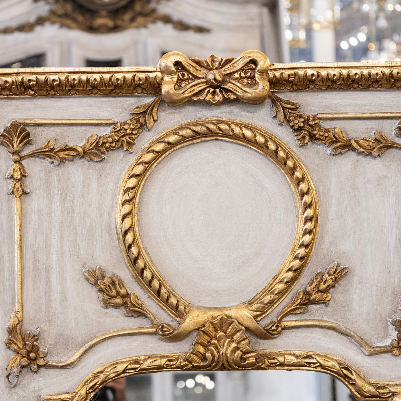 Louis XVI White Trumeau Mirror – Carved Laurel Wreath & Bow Crest